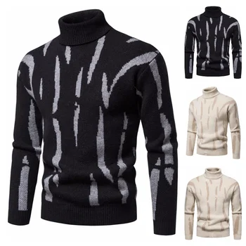 2023 Новый зимний мужской свитер с высоким воротом, Свободный трикотаж в стиле ретро, пальто в полоску, Милая Корейская модная мужская одежда