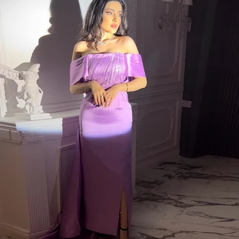  Вечерние платья ROSELLA фиолетового цвета с открытыми плечами, длина по щиколотку, русалка, плиссированное вечернее платье с пайетками, Саудовская Аравия