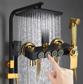  Набор для душа из черного золота SDSN Термостатическая система для ванной комнаты Дождевик Латунный кран   