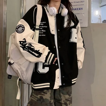  Винтажная куртка-бомбер Женская мода Харадзюку Униформа колледжа Университетские бейсбольные куртки Женская уличная одежда в стиле хип-хоп Y2k Оверсайз