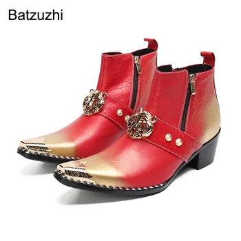  Batzuzhi/ Мужские кожаные ботинки в стиле панк-рок на каблуке 6 см с разрезом по цвету И двойной молнией; модные мужские ботинки с металлическим носком; Botas Hombre!