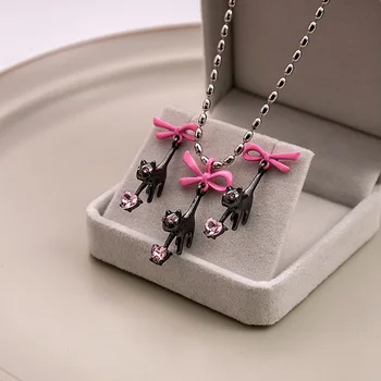  Милый Прохладный стиль Розовый бант Стразы Черная кошка Форма Серьги Y2K Ожерелья Милый набор украшений