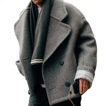  Мужские куртки, пальто с длинными рукавами и лацканами, Двубортные карманы, однотонная теплая шерстяная верхняя одежда.