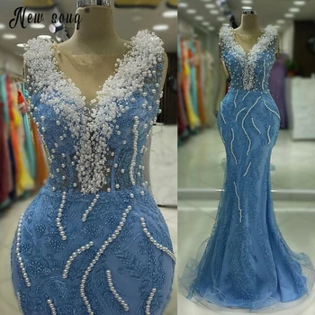  Светло-Голубое Вечернее платье с белым жемчугом, расшитое бисером, Элегантные вечерние платья 2024 года, арабские вечерние платья для выпускного вечера, Праздничные платья
