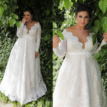  Кружевное свадебное платье большого размера С длинными рукавами, свадебное платье трапециевидной формы, пуговицы, Элегантный пояс с цветами