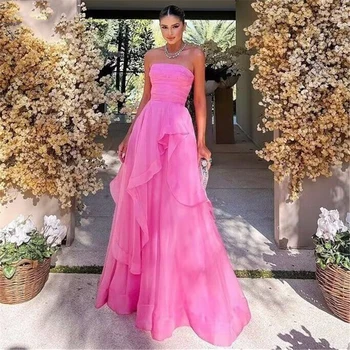  Скромные платья с розовыми оборками MULONG для женщин, длинное элегантное вечернее платье в складку трапециевидной формы без бретелек длиной до пола
