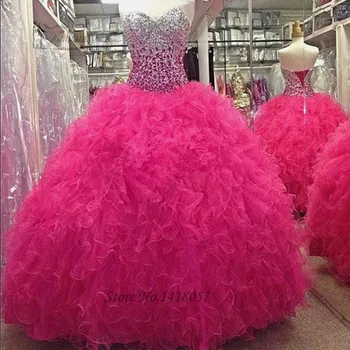  Vestidos de 15 Anos Дешевые Пышные Платья Fushcia Crystal Пышные Платья 2016 С Оборками Из Органзы Для Дебютанток Sweet 16 Dresses