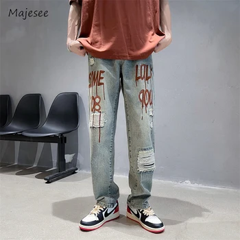  Джинсы Мужские, потертые, с дырками от брызг краски, во всю длину, винтажные джинсовые брюки в стиле хай-стрит в американском стиле, повседневные осенние джинсы в стиле хип-хоп