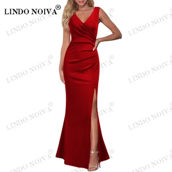  LINDO NOIVA Женские платья для выпускного вечера с русалочкой трапециевидной формы, без рукавов, с V-образным вырезом, с разрезом, коктейльное длинное платье, вечерние платья длинной длины