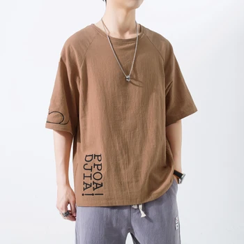  Летняя хлопковая льняная футболка Мужская футболка с графическим принтом и коротким рукавом Harajuku Уличная мужская одежда