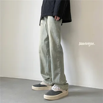  2023 Новые Мужские свободные джинсы, синие брюки, Корейская уличная мода, дизайнерские свободные широкие брюки в стиле хип-хоп