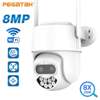  PEGATAH 8-Мегапиксельная Двухобъективная Wifi Камера С 8-Кратным Гибридным Зумом, Наружный Искусственный Интеллект, Обнаружение Человека, Аудио-Видео PTZ IP Камеры Видеонаблюдения