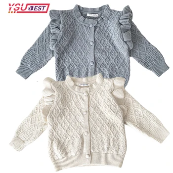  Осенний вязаный кардиган для маленьких девочек, свитера с оборками для малышей, весенний свитер для маленьких девочек, вязаная куртка в Корейском стиле