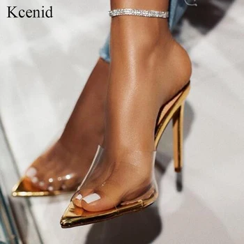  Kcenid/ Модные прозрачные женские тапочки из ПВХ, летняя обувь, пикантные золотые тапочки на высоком каблуке, женские вечерние шлепанцы на открытом воздухе, новинка
