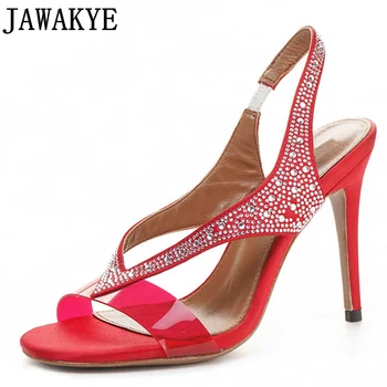  Высокий Шумер каблук ПВХ Кристалл сандалии женщин, открытым носком ремешок тонкий высокий каблук туфли элегантные t-образным ремешком Женская обувь, красные сандалии