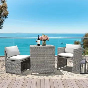  Уличная мебель для патио из 3 предметов, Плетеное кресло для бистро, диван-беседка со столиком для хранения, для газона, сада, пляжа, бассейна