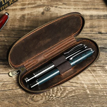  Роскошный пенал из натуральной кожи в стиле ретро, 2 слота, футляр для авторучки, коробка для хранения карандашей на молнии, сумка для сбора ручек, канцелярские принадлежности