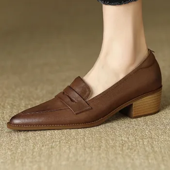  Женские туфли-лодочки из натуральной кожи с острым носком, без застежки, средний каблук толщиной 4 см, повседневные женские туфли на каблуке в британском стиле