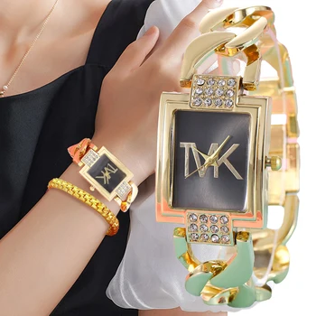  Роскошные золотые женские брендовые часы Модный квадрат С бриллиантами Простые женские кварцевые часы с ремешком из нержавеющей стали