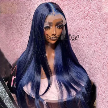  Темно-синий прямой прозрачный кружевной парик спереди, длинный кружевной парик спереди, Синтетические волосы, предварительно выщипанные парики для чернокожих женщин