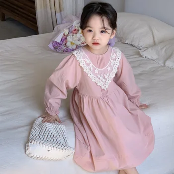  Повседневные платья для девочек, Весна-осень 2024, Корейская Детская Кружевная кромка, воротник, Длинная юбка, Детская одежда Принцессы с длинными рукавами