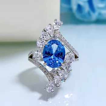  Серебряное кольцо с высокоуглеродистым бриллиантом S925 для женщин 8 * 10 Овальных Топовых синих Европейских и американских роскошных оправных колец Оптом