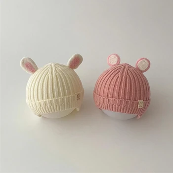  Вязаная шапка с мультяшными ушками животных для малышей, теплые и стильные шапочки-бини, мягкие X90C
