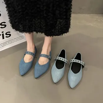 Легкая модная женская обувь с острым носком на мягкой подошве, весна и осень 2023, новые универсальные женские тонкие туфли с пряжкой в одно слово