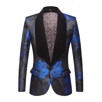  Мужские синие жаккардовые костюмы с отворотом в виде цветка, блейзер, мужской костюм, куртка, высокое качество, модный приталенный блейзер, пальто, мужской
