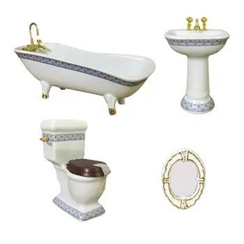  Керамическая мебель для ванной комнаты в кукольном домике (4 шт.) - Ванна, раковина, туалет, зеркало - Игрушка для мебели в кукольном домике - Масштаб 1: 12