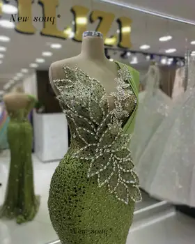  Мода 2024 года Зеленые кристаллы 3D Дизайн листьев Длинные вечерние платья с блестящими пайетками Вечерние платья Русалки без рукавов Официальные наряды
