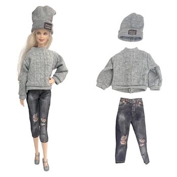  NK 3 шт Костюм куклы уличной моды: Серый вязаный из жареного теста с закручивающимися линиями + брюки с имитацией дырки + шляпа для аксессуаров куклы Барби