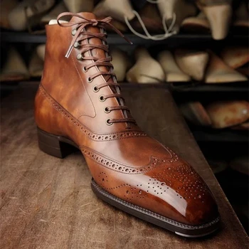  Новые мужские короткие ботинки коричневого цвета на шнуровке с квадратным носком, деловые мужские ботильоны, Бесплатная доставка, Botas De Hombre
