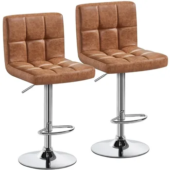  Регулируемый современный барный стул из искусственной кожи средней высоты со спинкой, набор из 2 предметов, ретро-коричневый