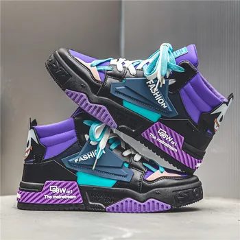 Зимние кожаные мужские кроссовки с высоким берцем 2023, модные фиолетовые кроссовки на платформе, Стильная уличная мужская обувь для скейтборда на шнуровке