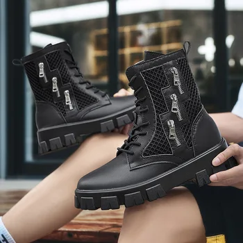  Весенне-осенние черные мужские ботинки 2023 года, высокие ботинки на платформе с застежкой-молнией, открытая обувь, мужские мотоциклетные ботинки Superstar