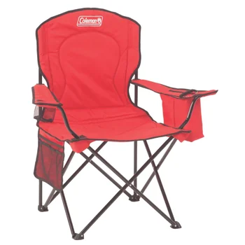  Походный стул со встроенным кулером на 4 банки Красного цвета, полностью мягкое сиденье с боковыми карманами, Дополнительный сетчатый подстаканник, Уличные пляжные стулья