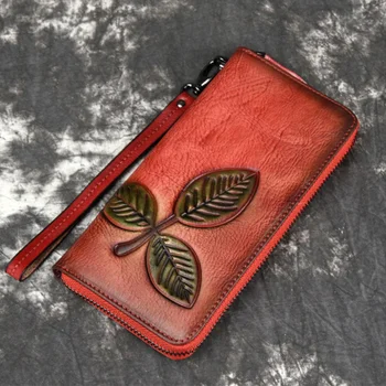  Длинный кошелек Newsbirds из натуральной кожи в стиле ретро на молнии с тиснением в виде листьев и цветов, женский кошелек для одной женщины, красный, черный