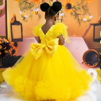  Желтые платья Африканских цветочниц, бальные платья принцессы из тюля с коротким рукавом, платье для первого дня рождения для девочек, платье для свадебной вечеринки