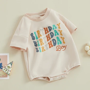  Комбинезон на день рождения для мальчика с красочным буквенным принтом, боди с коротким рукавом и круглым вырезом, комбинезон для новорожденных
