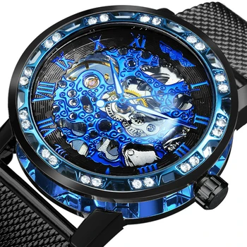  Классические механические часы WINNER в стиле ретро, роскошные мужские часы Iced Out Blue Skeleton, светящиеся стрелки, Сетчатый ремешок из нержавеющей стали