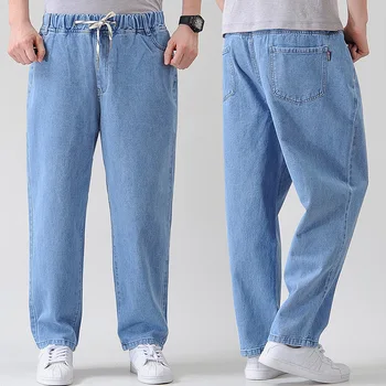  Весенне-летние Тонкие мужские джинсы с высокой талией и эластичным поясом на шнурке, джинсовые брюки размера 7XLPlus, мужские Свободные прямые джинсовые брюки