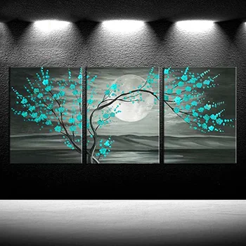  Алмазная роспись 3 шт. серых и сине-зеленых сливовых деревьев с цветочным рисунком, квадратная / круглая дрель, вышивка стразами, декор стен PP1516