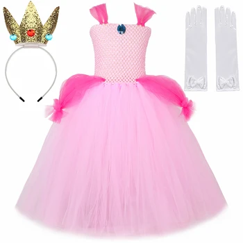  Блестящие платья принцессы Супер персикового цвета для девочек, Рождественский костюм на Хэллоуин для детей, длинные пачки, бальное платье для вечеринки с короной
