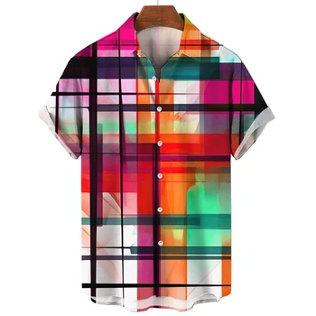  Новая гавайская мужская рубашка в 3D клетку с лоскутным принтом, красочная мужская одежда, рубашки оверсайз, топы для пляжных вечеринок, повседневные короткие рукава