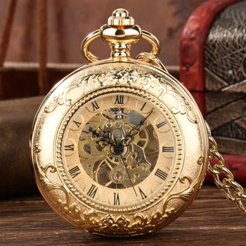  Карманные механические часы с ручным заводом в стиле ретро с цепочкой-брелоком, мужские полые скелетные циферблаты из черной стали, модные кварцевые карманные часы, подарки