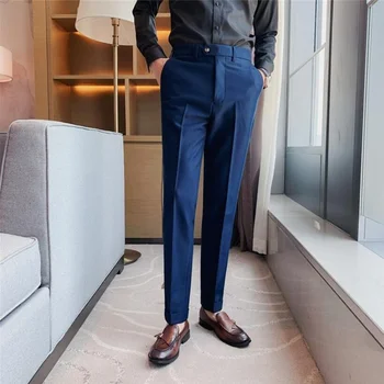  Мужские официальные костюмные брюки Весенняя новинка, деловая мода, Однотонные Повседневные стрейчевые Узкие брюки, Высококачественная брендовая мужская одежда
