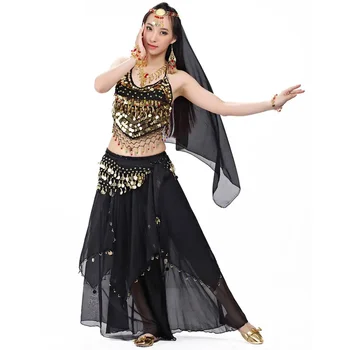  Комплект индийских костюмов из 4 предметов, вуаль для танца живота, топ, монеты, шарф, юбка, костюм для танца живота, женский костюм
