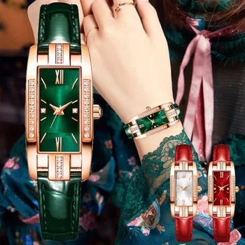  Маленькие зеленые наручные часы С прямоугольным компактным циферблатом, Высококачественные Кварцевые часы с тонким ремешком, женские часы класса Люкс Reloj Mujer
