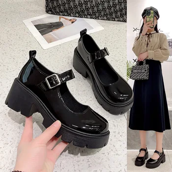  Туфли в стиле Лолиты для японских девушек на платформе, черные туфли на высоком каблуке, модные женские туфли Mary Jane с круглым носком из лакированной искусственной кожи для студенческих косплеев